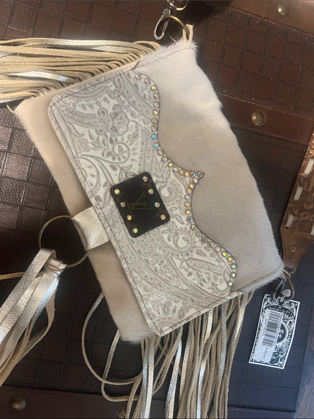 NWT by Keep it Gypsy Ivory Fringe Leather Crossbody Bag in Cowhide & Crystals